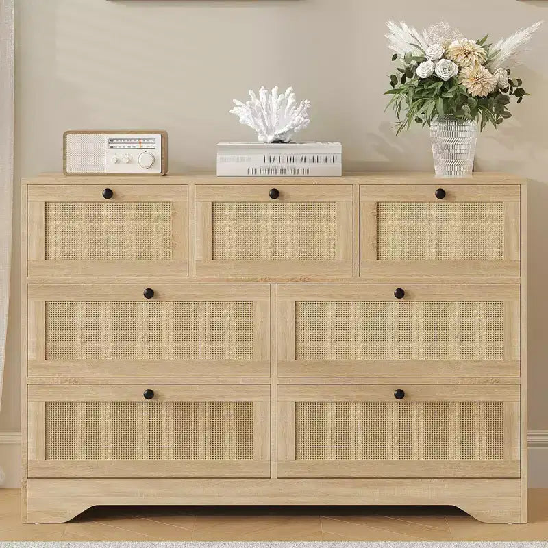Rattan 7 Drawer Dresser for Bedroom, Farmhouse Modern Dressers & Chests of Drawers, Wooden Storage Organizer for Closet, Living Room, Entryway