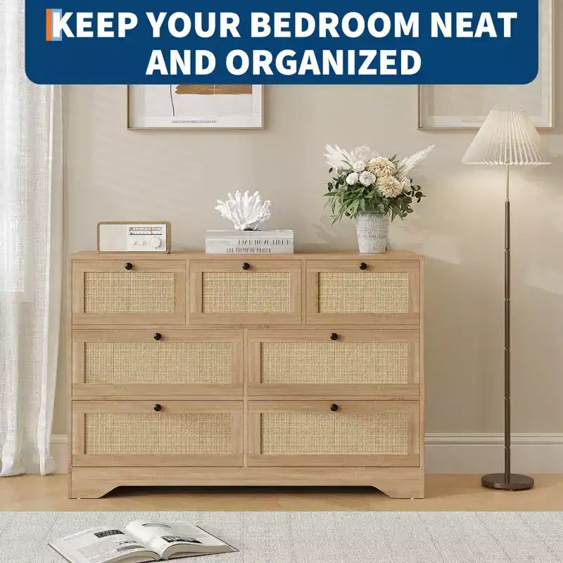 Rattan 7 Drawer Dresser for Bedroom, Farmhouse Modern Dressers & Chests of Drawers, Wooden Storage Organizer for Closet, Living Room, Entryway