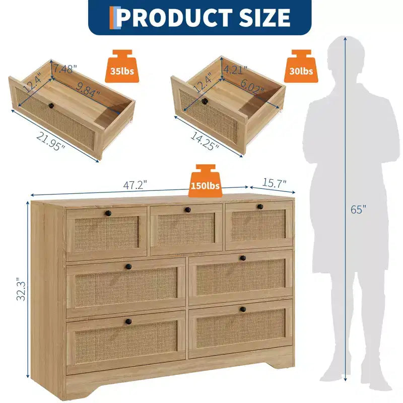 Rattan 7 Drawer Dresser for Bedroom, Farmhouse Modern Dressers & Chests of Drawers, Wooden Storage Organizer for Closet, Living Room, Entryway