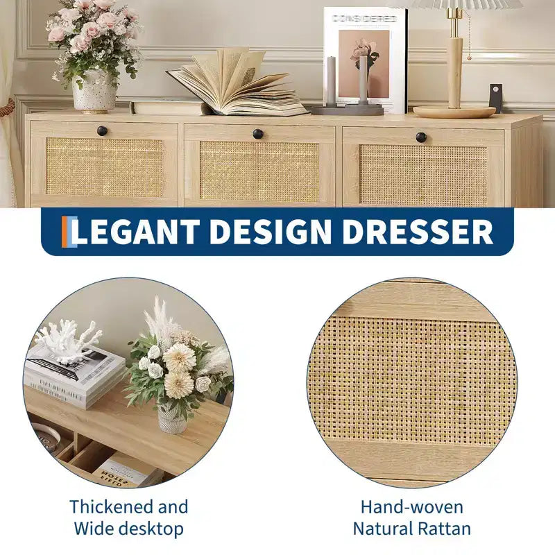 Rattan 7 Drawer Dresser for Bedroom, Farmhouse Modern Dressers & Chests of Drawers, Wooden Storage Organizer for Closet, Living Room, Entryway