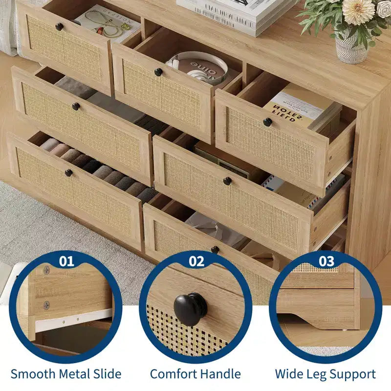 Rattan 7 Drawer Dresser for Bedroom, Farmhouse Modern Dressers & Chests of Drawers, Wooden Storage Organizer for Closet, Living Room, Entryway
