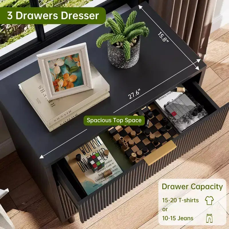 Black Fluted 3 Drawers Dresser, Wide Wood Chest of Drawers, Modern Storage Dresser Chest of Drawers Organizer with Metal Legs and Anti-Tipping Device