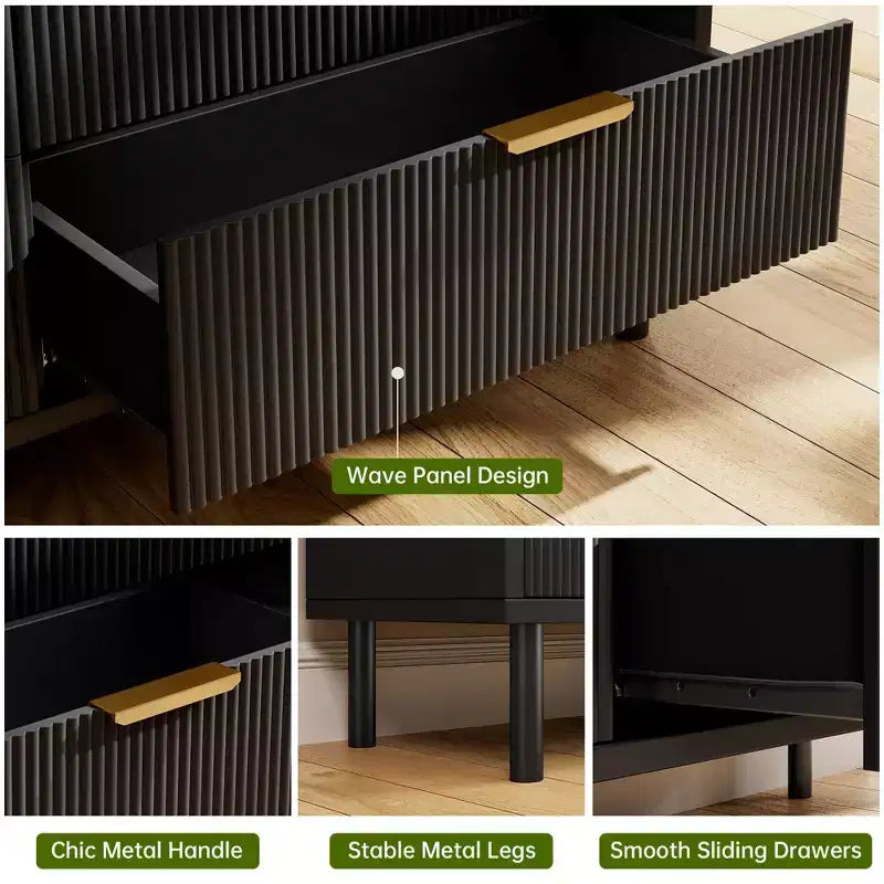 Black Fluted 3 Drawers Dresser, Wide Wood Chest of Drawers, Modern Storage Dresser Chest of Drawers Organizer with Metal Legs and Anti-Tipping Device