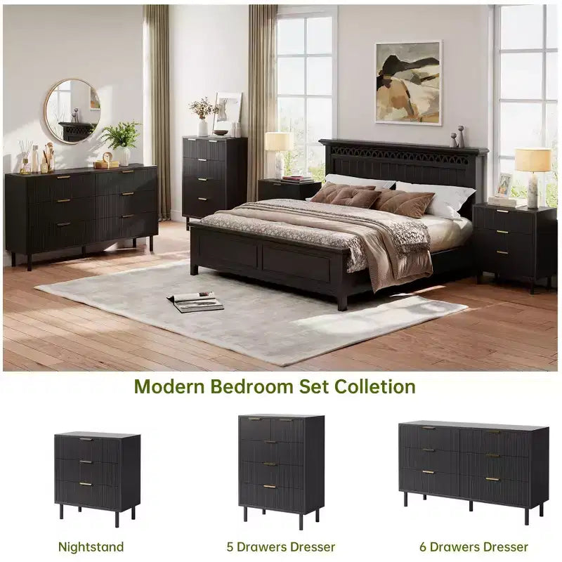 Black Fluted 3 Drawers Dresser, Wide Wood Chest of Drawers, Modern Storage Dresser Chest of Drawers Organizer with Metal Legs and Anti-Tipping Device