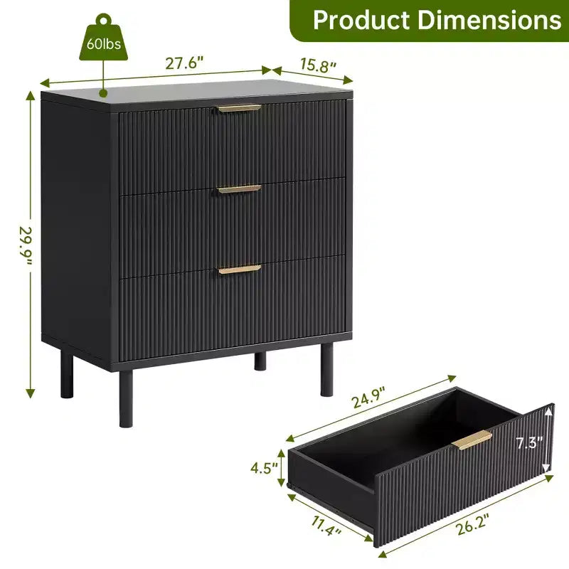 Black Fluted 3 Drawers Dresser, Wide Wood Chest of Drawers, Modern Storage Dresser Chest of Drawers Organizer with Metal Legs and Anti-Tipping Device