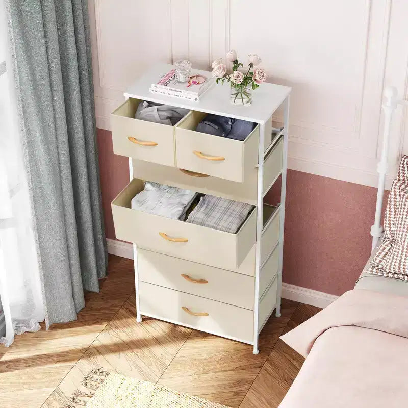 Crestlive Products 7 Drawers Vertical Dresser for Bedroom Storage Tower with Sturdy Steel Frame Wood Top Easy Pull Fabric Bins Handles