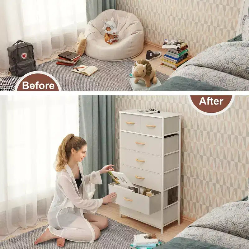 Crestlive Products 7 Drawers Vertical Dresser for Bedroom Storage Tower with Sturdy Steel Frame Wood Top Easy Pull Fabric Bins Handles