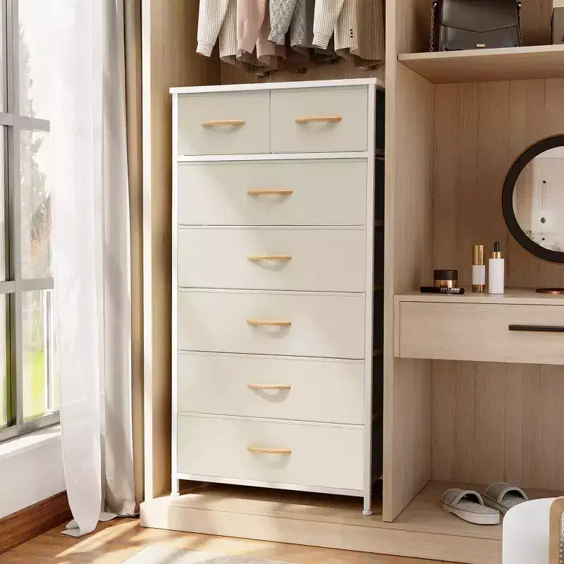 Crestlive Products 7 Drawers Vertical Dresser for Bedroom Storage Tower with Sturdy Steel Frame Wood Top Easy Pull Fabric Bins Handles