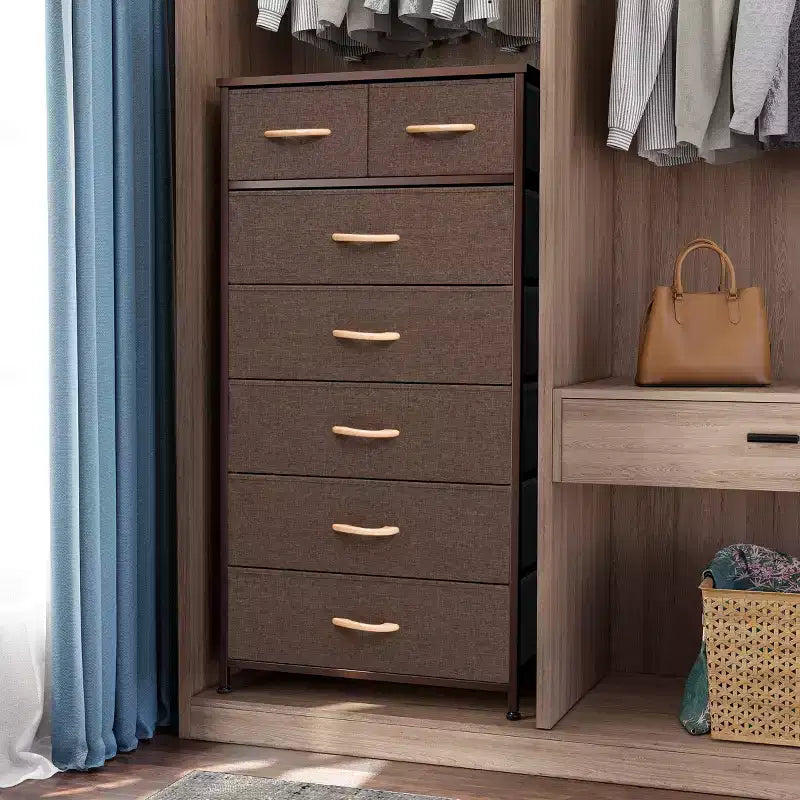 Crestlive Products 7 Drawers Vertical Dresser for Bedroom Storage Tower with Sturdy Steel Frame Wood Top Easy Pull Fabric Bins Handles