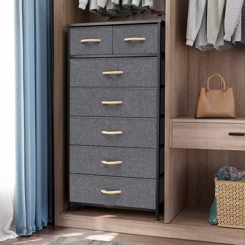 Crestlive Products 7 Drawers Vertical Dresser for Bedroom Storage Tower with Sturdy Steel Frame Wood Top Easy Pull Fabric Bins Handles