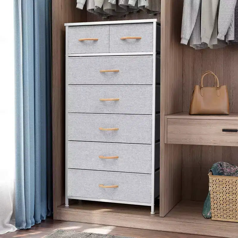 Crestlive Products 7 Drawers Vertical Dresser for Bedroom Storage Tower with Sturdy Steel Frame Wood Top Easy Pull Fabric Bins Handles
