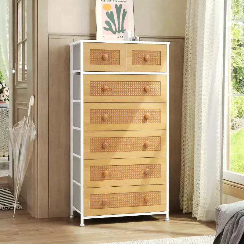 Crestlive Products 7 Drawers Vertical Dresser for Bedroom Storage Tower with Sturdy Steel Frame Wood Top Easy Pull Fabric Bins Handles