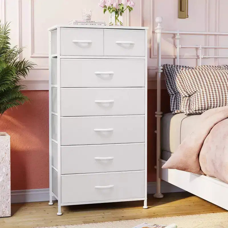 Crestlive Products 7 Drawers Vertical Dresser for Bedroom Storage Tower with Sturdy Steel Frame Wood Top Easy Pull Fabric Bins Handles