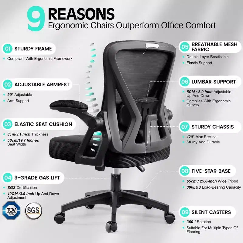 Ergonomic Home Computer Desk Chairs, Comfy Breathable Office Chair with Adjustable Lumbar Support Flip-up Armrests,