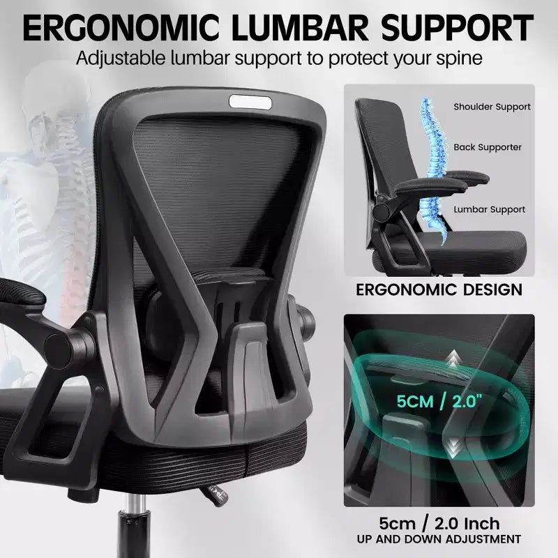 Ergonomic Home Computer Desk Chairs, Comfy Breathable Office Chair with Adjustable Lumbar Support Flip-up Armrests,