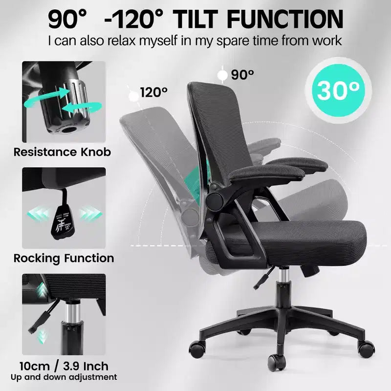 Ergonomic Home Computer Desk Chairs, Comfy Breathable Office Chair with Adjustable Lumbar Support Flip-up Armrests,