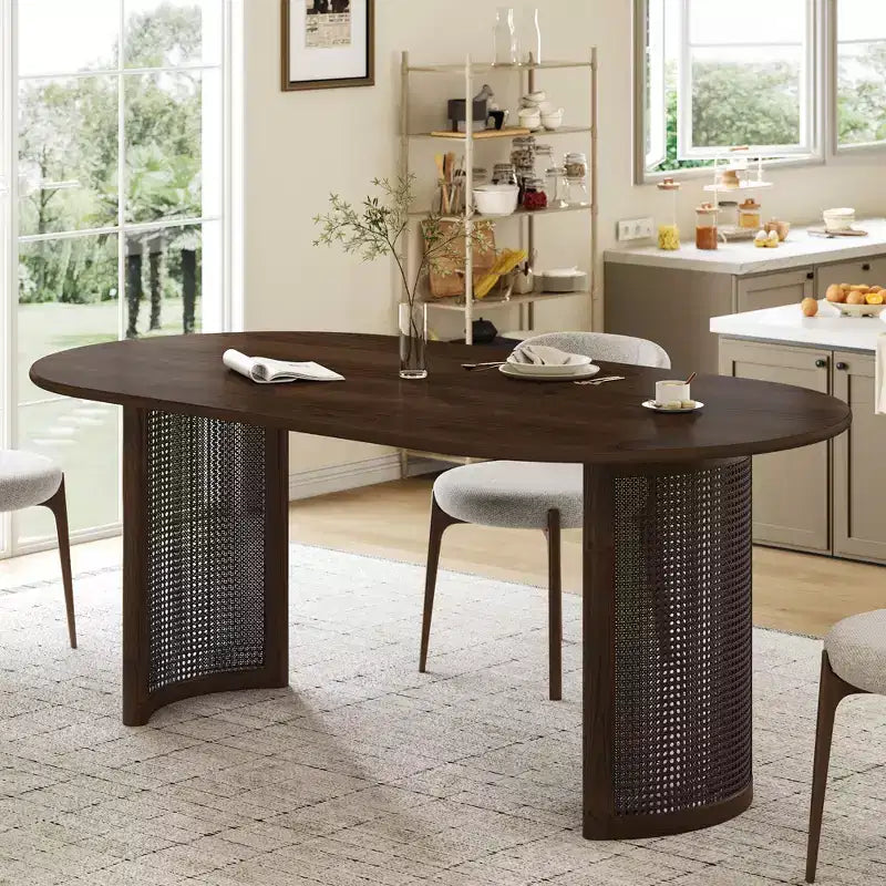 67 Dining Table with Rattan Base suit Kitchen Dining Room for 6 People