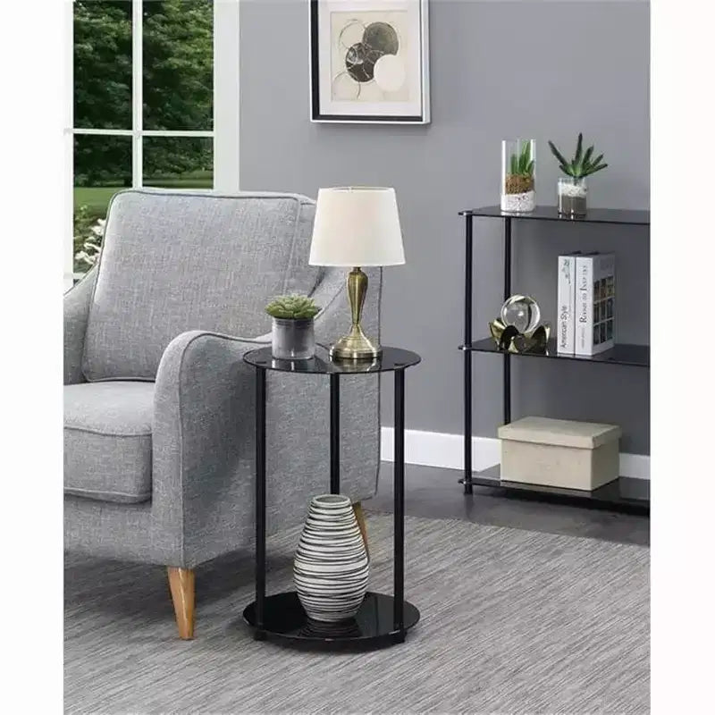 HomeStock Belmont Glass 2 Tier Round End Table, Contemporary Accent Side Table with Tempered Glass Shelves and Stainless Steel Legs