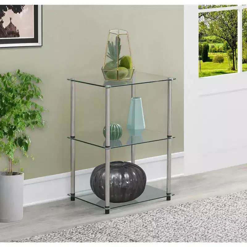 HomeStock Belmont Tall Glass 3 Tier End Table, Stylish Modern Accent Side Table with Multiple Glass Shelves for Any Living Space