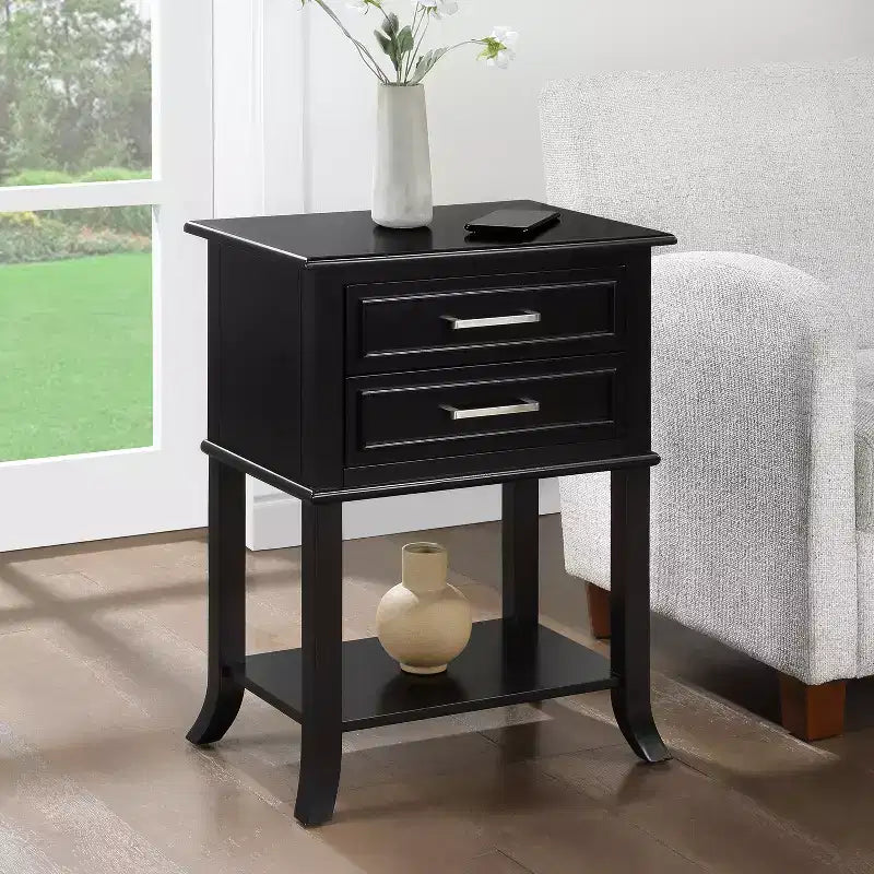 HomeStock Belmont 2 Drawer End Table with Shelf Modern Decorative Molded Front Storage Nightstand Solid Wood Flared Leg Accent Table
