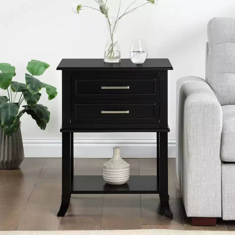 HomeStock Belmont 2 Drawer End Table with Shelf Modern Decorative Molded Front Storage Nightstand Solid Wood Flared Leg Accent Table