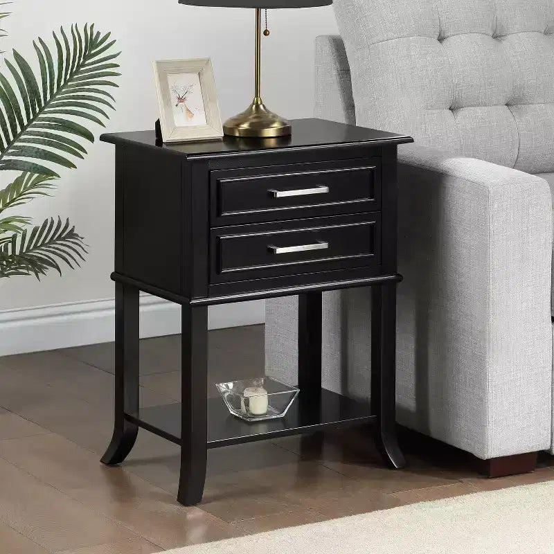 HomeStock Belmont 2 Drawer End Table with Shelf Modern Decorative Molded Front Storage Nightstand Solid Wood Flared Leg Accent Table