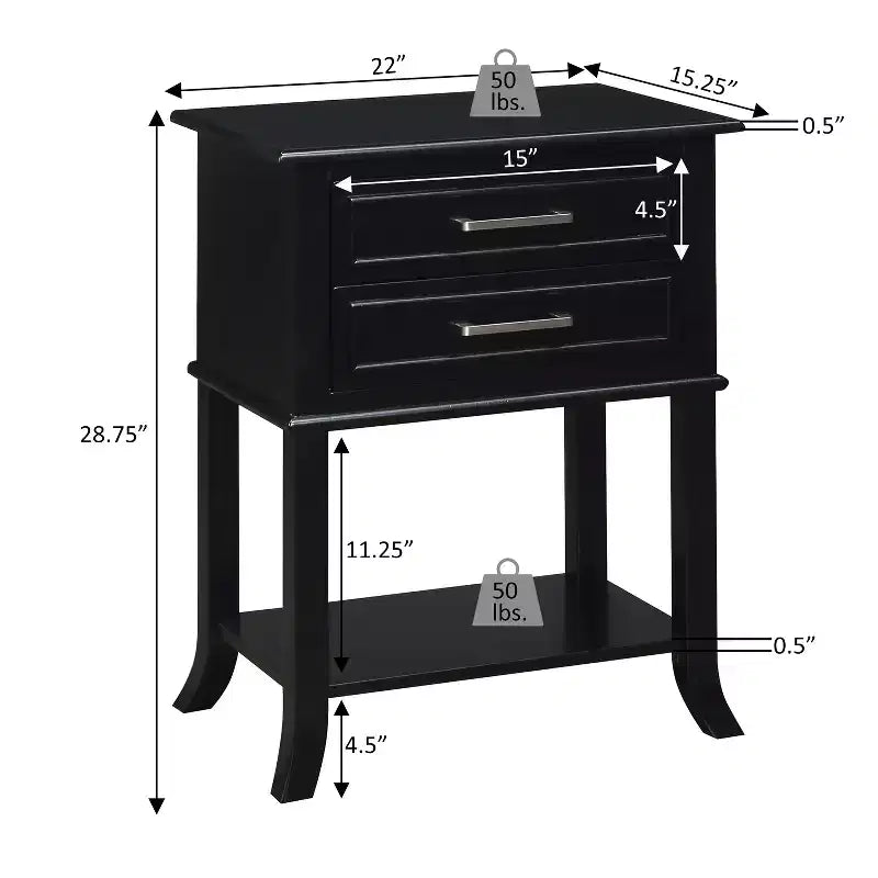 HomeStock Belmont 2 Drawer End Table with Shelf Modern Decorative Molded Front Storage Nightstand Solid Wood Flared Leg Accent Table