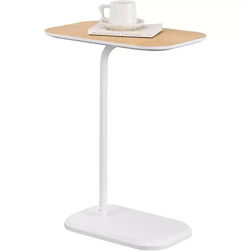 HomeStock Belmont Light Oak C Shaped End Table with Woodgrain Veneer Finish, Slide Under Sofa or Bed, Modern Accent Side Table with Metal Base