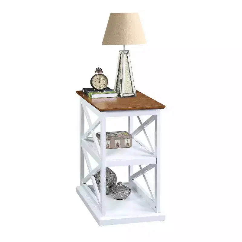 HomeStock Belmont Chairside End Table with Shelves Double X Side Design Three-Tier Display Solid Wood Accent Furniture for Living Room