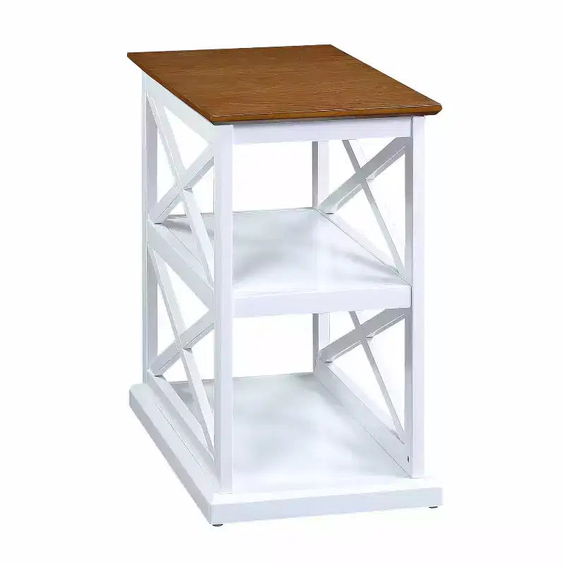 HomeStock Belmont Chairside End Table with Shelves Double X Side Design Three-Tier Display Solid Wood Accent Furniture for Living Room