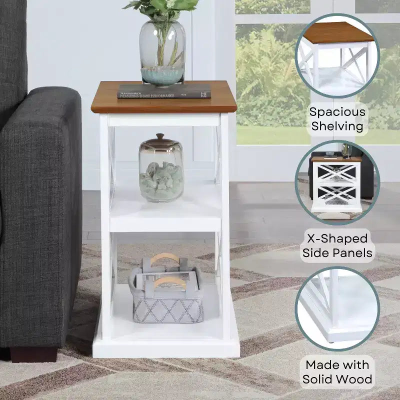 HomeStock Belmont Chairside End Table with Shelves Double X Side Design Three-Tier Display Solid Wood Accent Furniture for Living Room