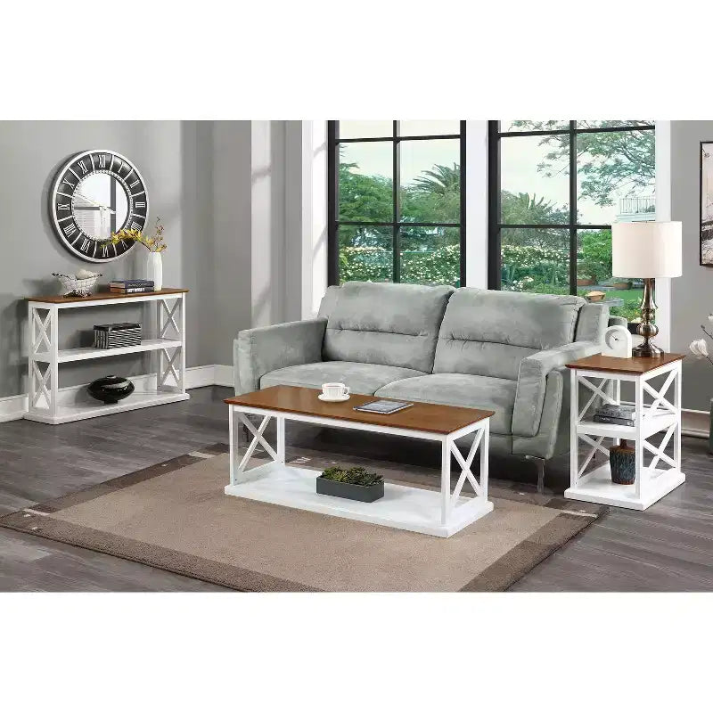 HomeStock Belmont Chairside End Table with Shelves Double X Side Design Three-Tier Display Solid Wood Accent Furniture for Living Room