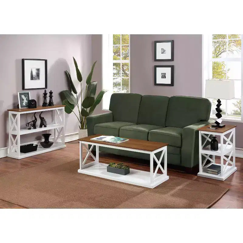 HomeStock Belmont Chairside End Table with Shelves Double X Side Design Three-Tier Display Solid Wood Accent Furniture for Living Room