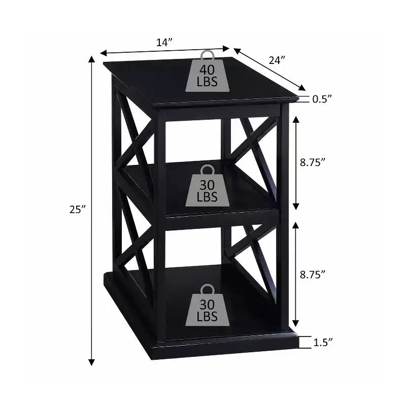 HomeStock Belmont Chairside End Table with Shelves Double X Side Design Three-Tier Display Solid Wood Accent Furniture for Living Room