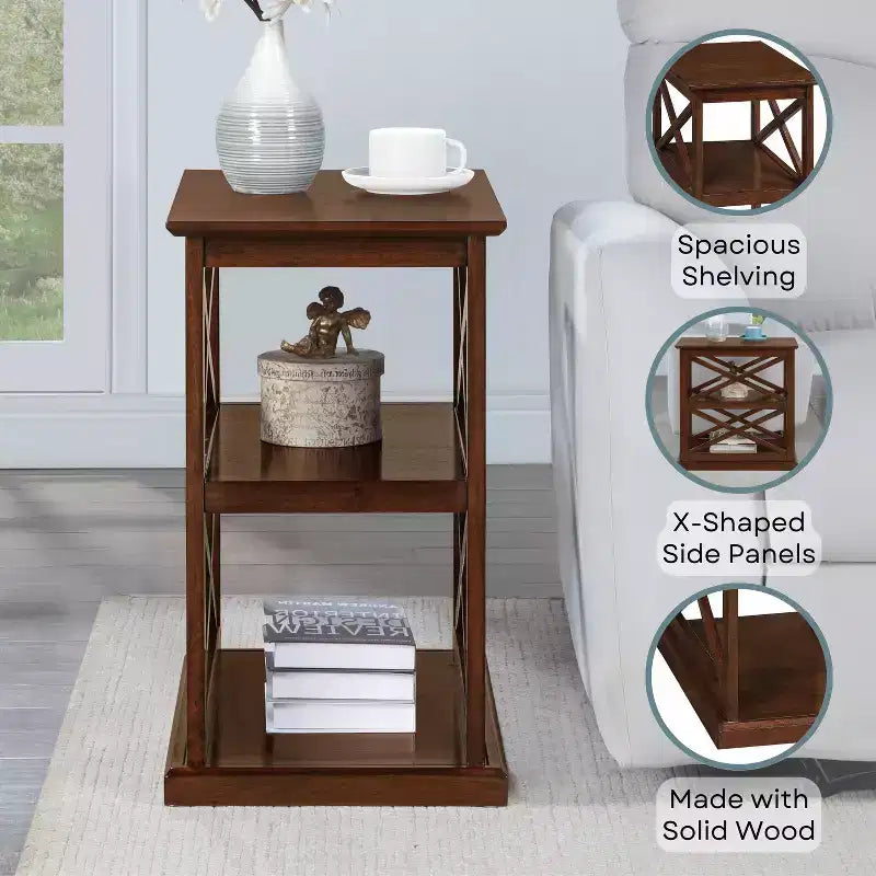 HomeStock Belmont Chairside End Table with Shelves Modern Farmhouse Three-Tier Storage Solid Wood with Beveled Edges for Living Spaces
