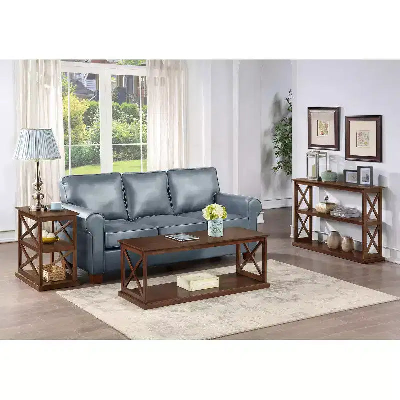 HomeStock Belmont Chairside End Table with Shelves Modern Farmhouse Three-Tier Storage Solid Wood with Beveled Edges for Living Spaces