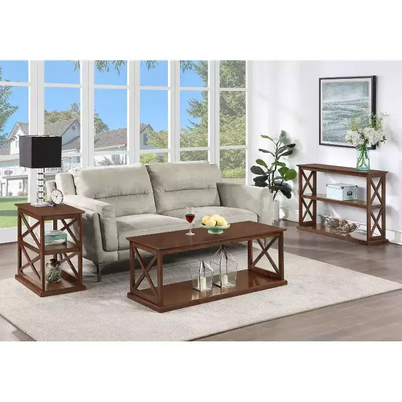 HomeStock Belmont Chairside End Table with Shelves Modern Farmhouse Three-Tier Storage Solid Wood with Beveled Edges for Living Spaces