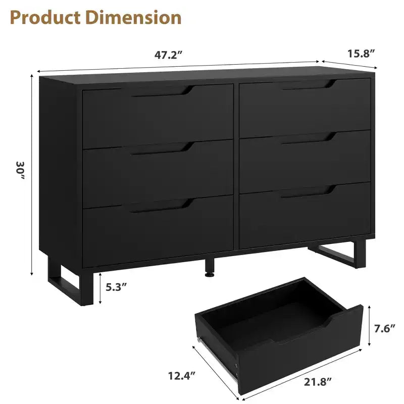 Freestanding Vertical Drawer Cabinet with Storage, 6 Dresser for Bedroom Wooden Closet Storage Chest for Bedroom