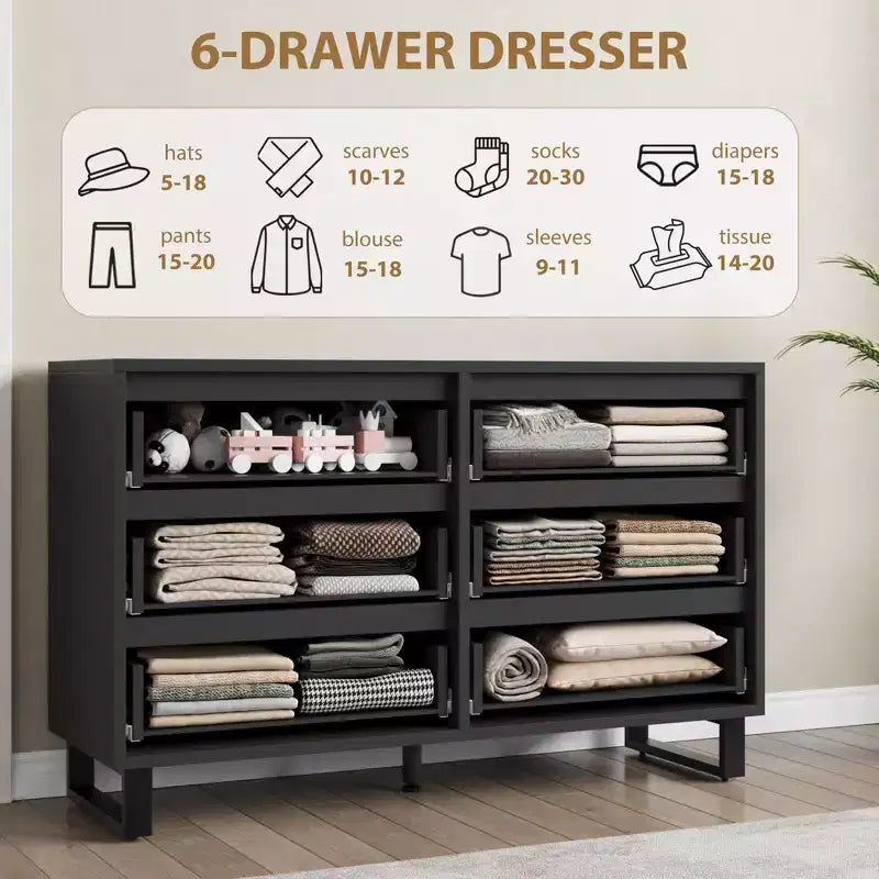 Freestanding Vertical Drawer Cabinet with Storage, 6 Dresser for Bedroom Wooden Closet Storage Chest for Bedroom