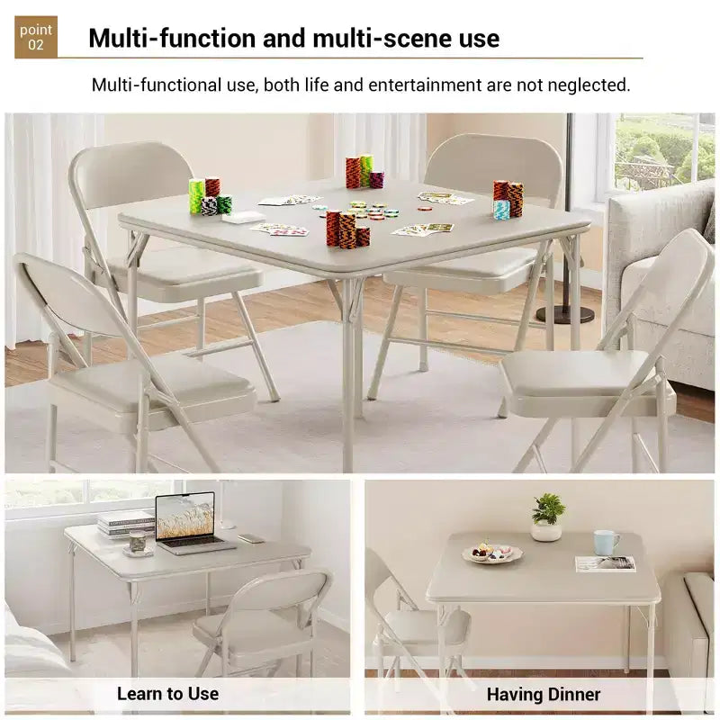 Folding Square Table, 37 Inch Portable Upholstered Card Table with Folding Legs for 4 People, Modern Foldable Game Table, Metal Dining Table