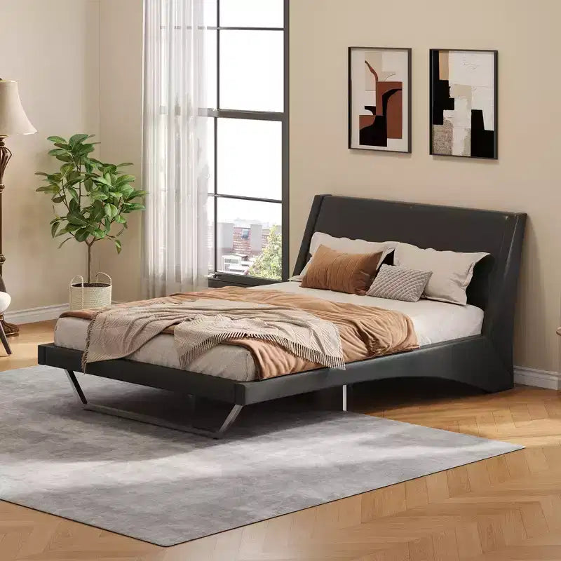 Christopher Knight Home Adrian Modern PU Leather Upholstered Platform Bed Frame with Wave Curve Design