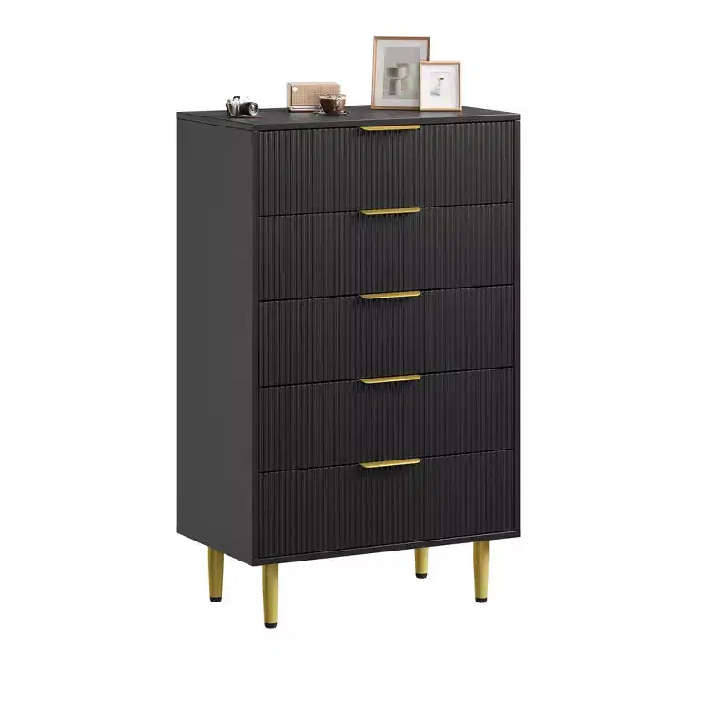 3 Drawer Dresser for Bedroom, 28W Fluted Chest of Drawers with Gold Handles, Wooden Dresser Narrow Nightstand, Clothes Storage Organizer for Bedroom