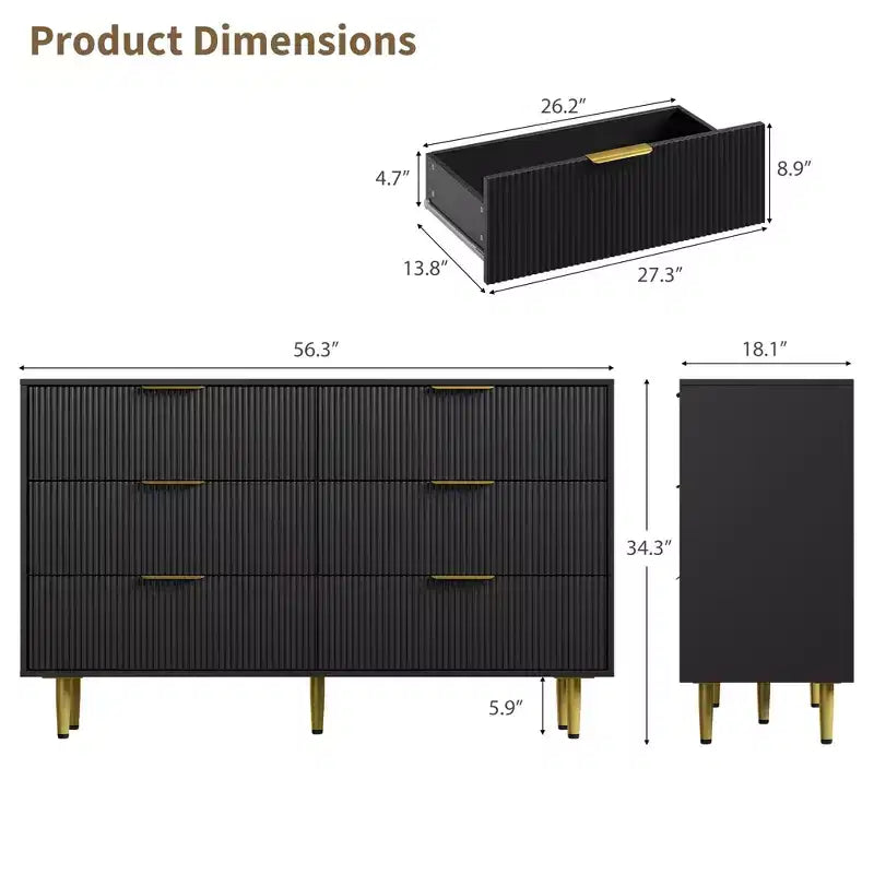 3 Drawer Dresser for Bedroom, 28W Fluted Chest of Drawers with Gold Handles, Wooden Dresser Narrow Nightstand, Clothes Storage Organizer for Bedroom