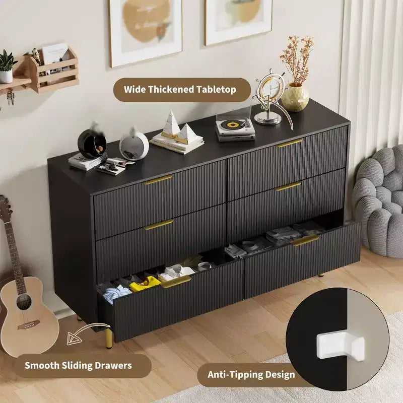3 Drawer Dresser for Bedroom, 28W Fluted Chest of Drawers with Gold Handles, Wooden Dresser Narrow Nightstand, Clothes Storage Organizer for Bedroom