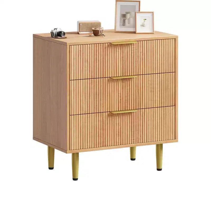 3 Drawer Dresser for Bedroom, 28W Fluted Chest of Drawers with Gold Handles, Wooden Dresser Narrow Nightstand, Clothes Storage Organizer for Bedroom