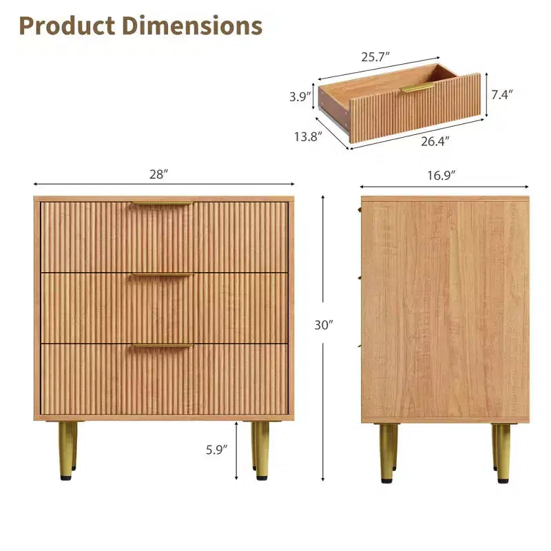 3 Drawer Dresser for Bedroom, 28W Fluted Chest of Drawers with Gold Handles, Wooden Dresser Narrow Nightstand, Clothes Storage Organizer for Bedroom