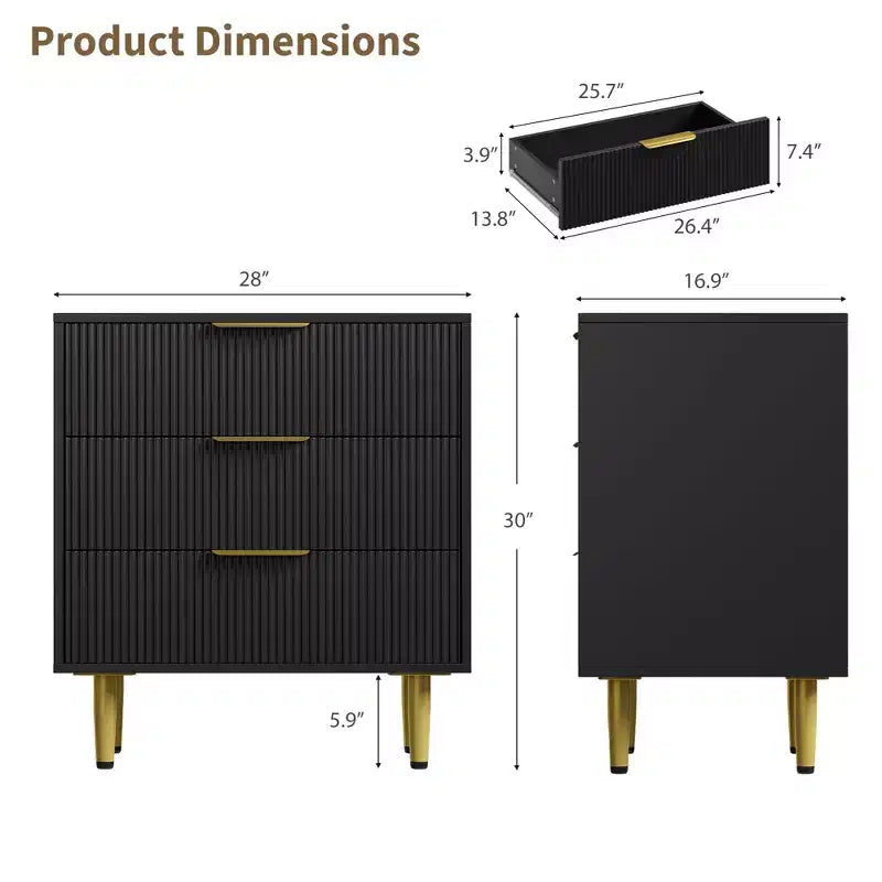 3 Drawer Dresser for Bedroom, 28W Fluted Chest of Drawers with Gold Handles, Wooden Dresser Narrow Nightstand, Clothes Storage Organizer for Bedroom