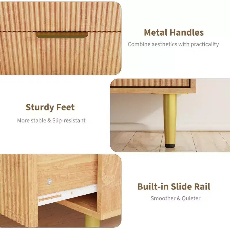 3 Drawer Dresser for Bedroom, 28W Fluted Chest of Drawers with Gold Handles, Wooden Dresser Narrow Nightstand, Clothes Storage Organizer for Bedroom