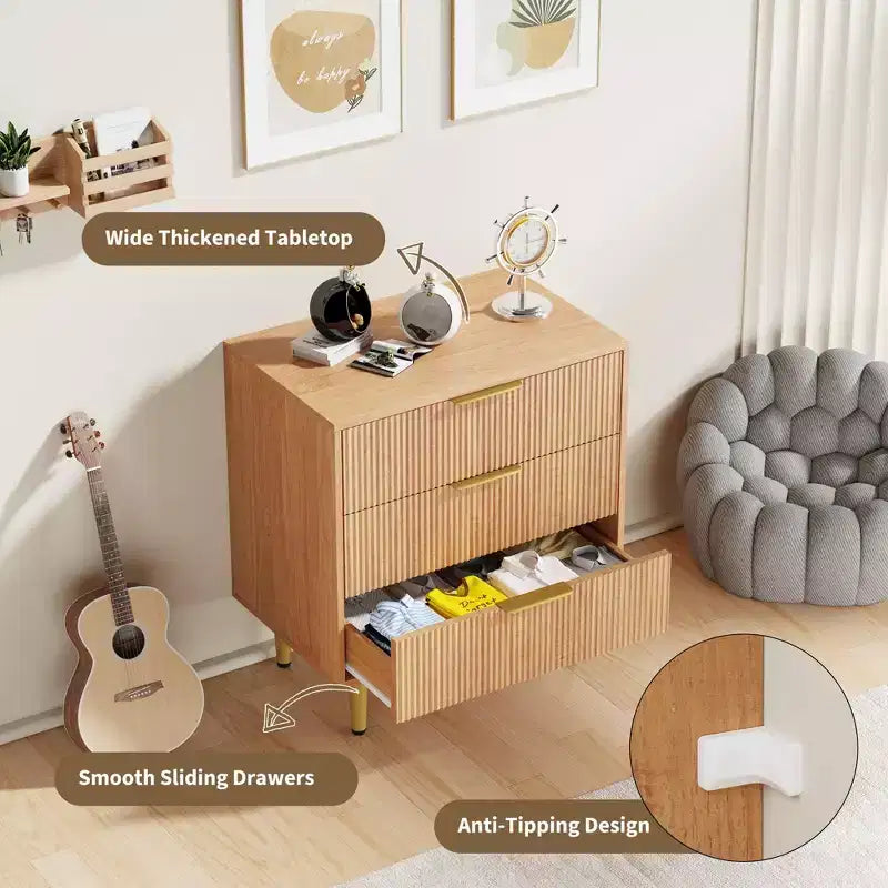 3 Drawer Dresser for Bedroom, 28W Fluted Chest of Drawers with Gold Handles, Wooden Dresser Narrow Nightstand, Clothes Storage Organizer for Bedroom