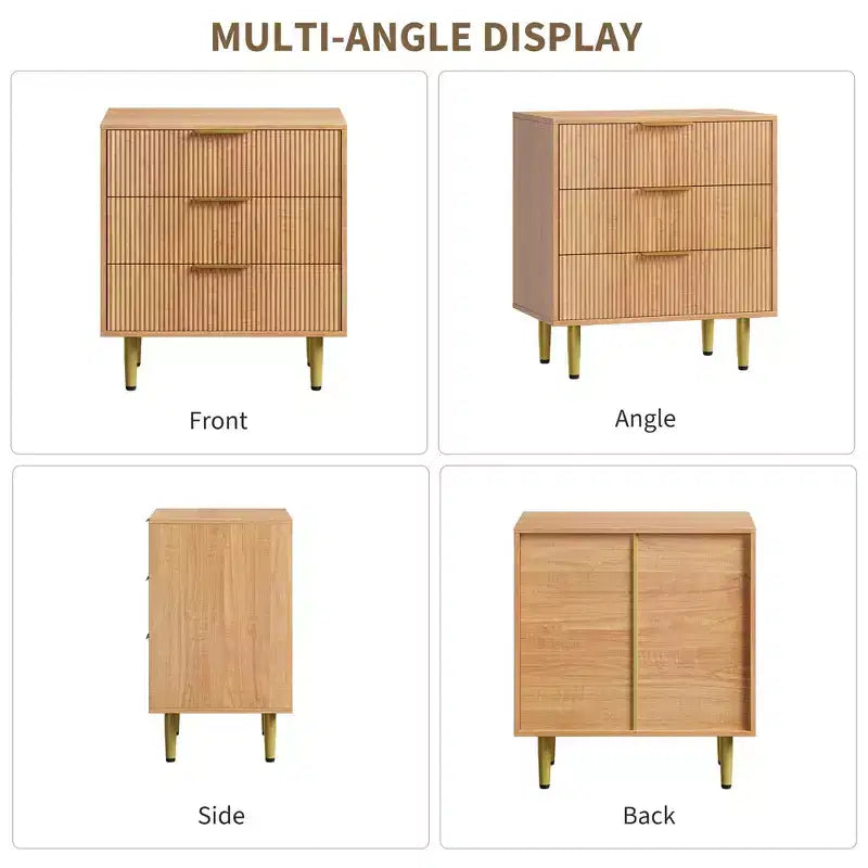 3 Drawer Dresser for Bedroom, 28W Fluted Chest of Drawers with Gold Handles, Wooden Dresser Narrow Nightstand, Clothes Storage Organizer for Bedroom